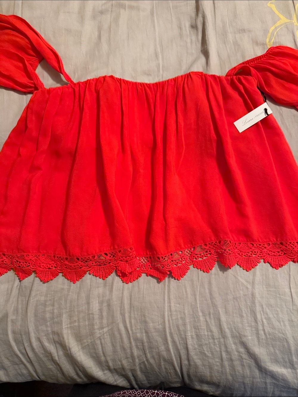 Bright Coral Lace-Hem Women's Top